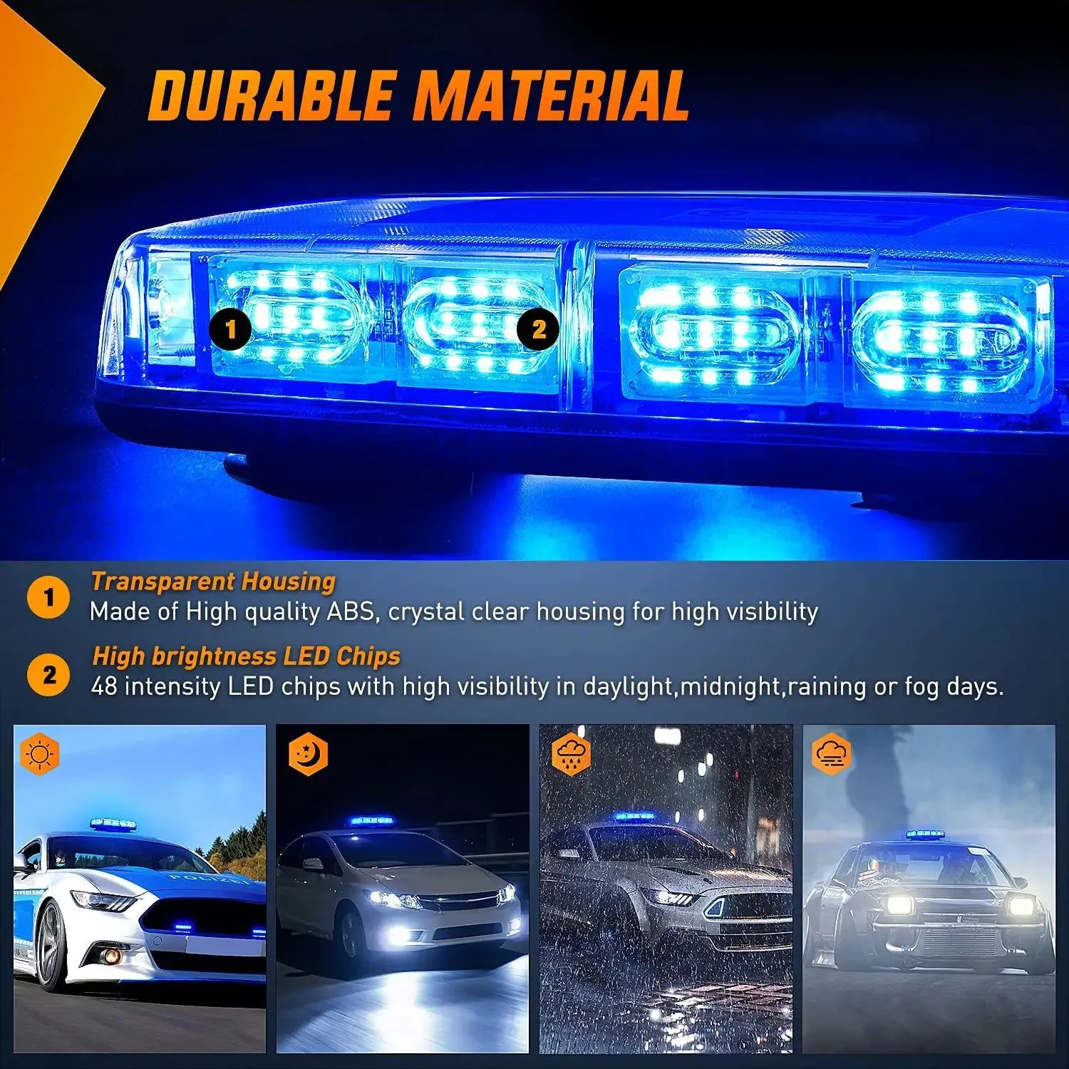 12 Inch 48 Leds Roof Top Blue Emergency Strobe Light