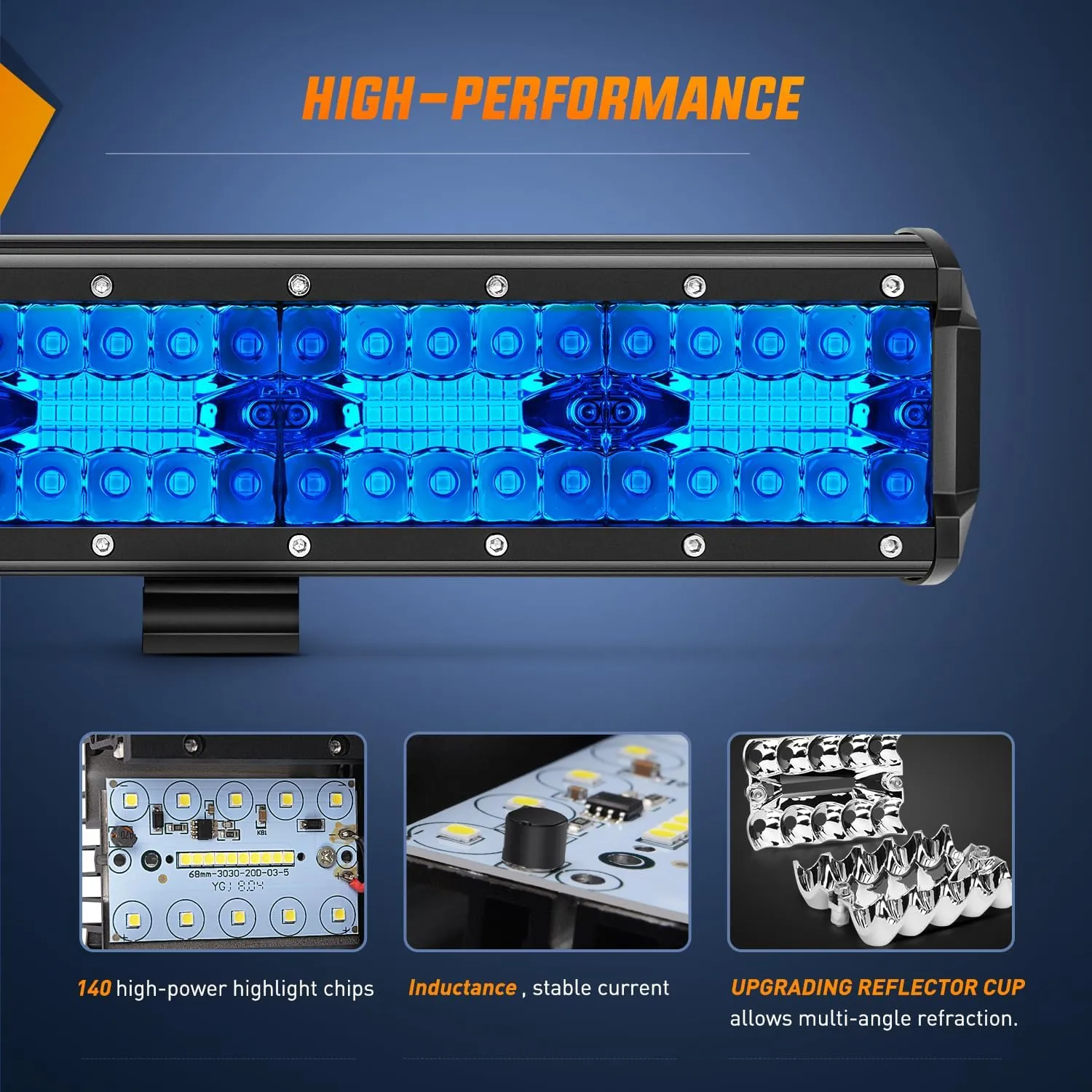 20 Inch 420W 42000LM Triple Row Blue Spot Flood LED Light Bar