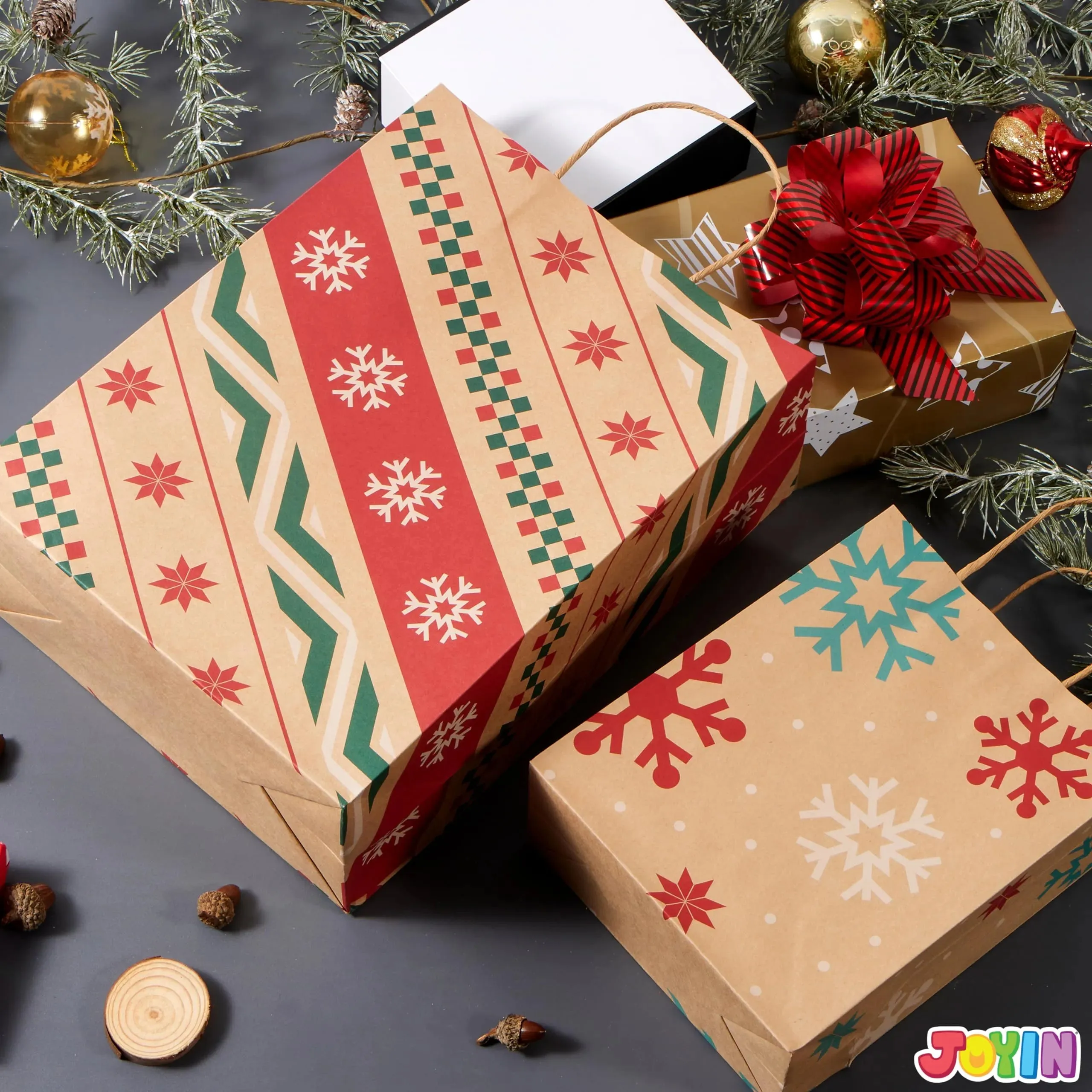 24 PCS Christmas Kraft Gift Bags with Festive Designs