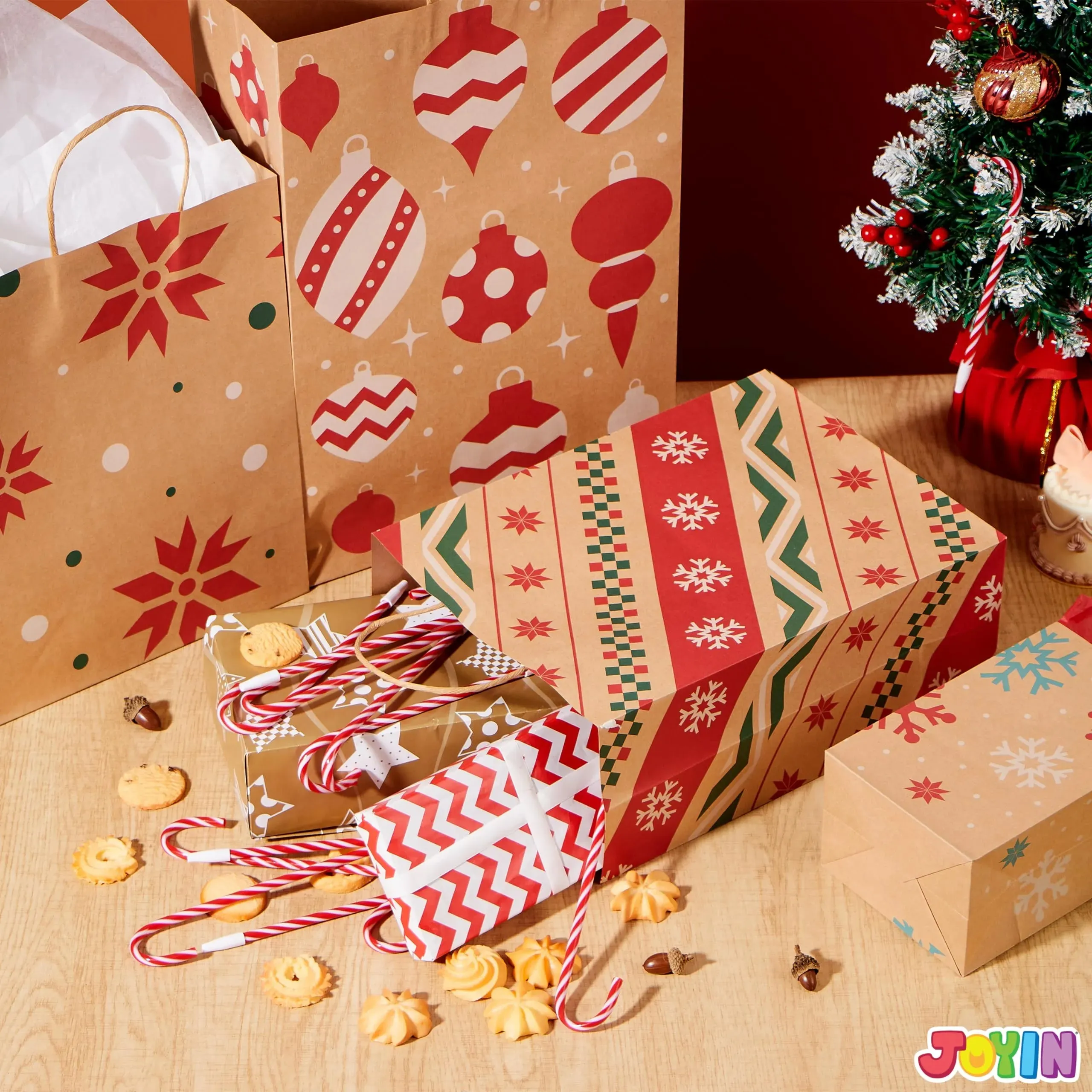 24 PCS Christmas Kraft Gift Bags with Festive Designs