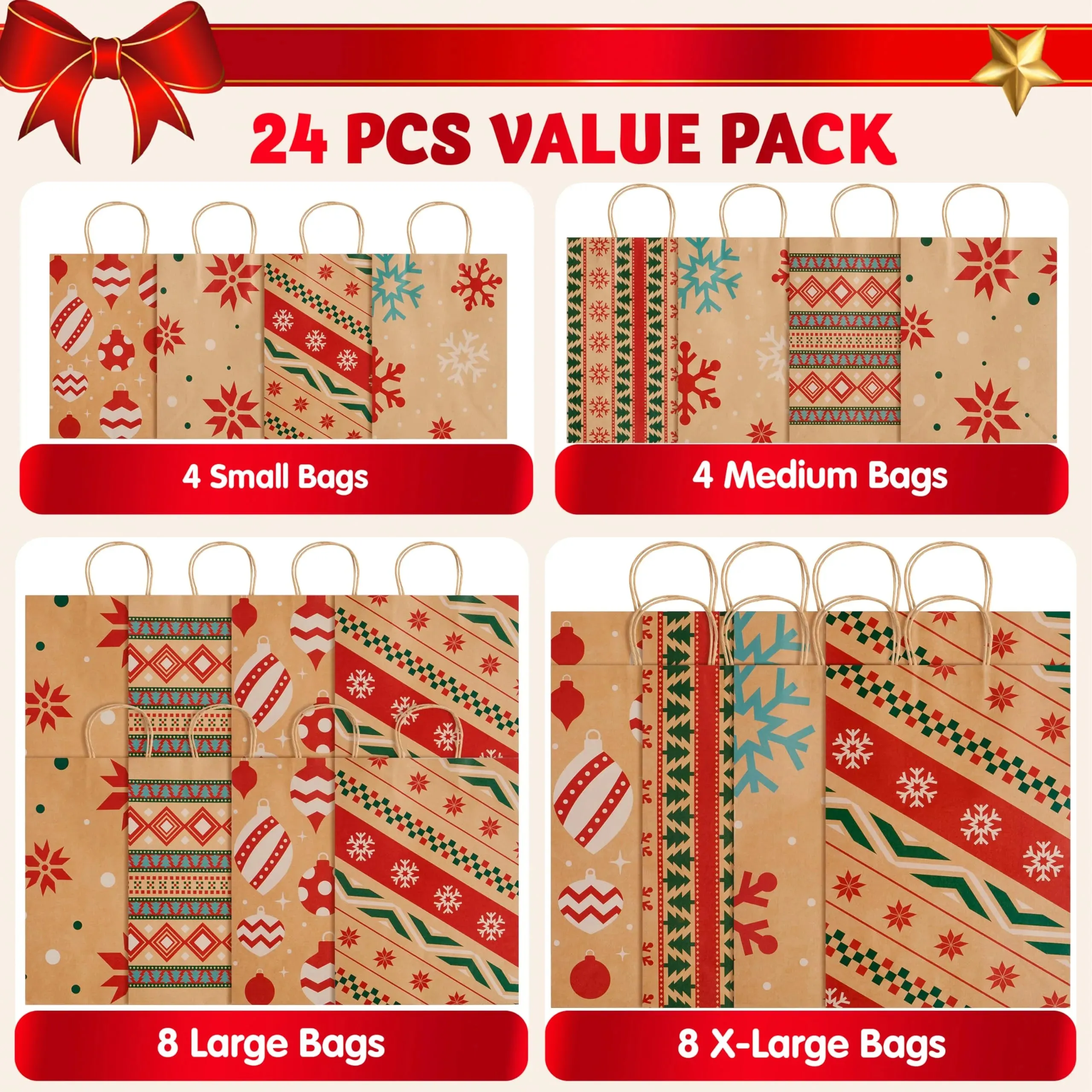 24 PCS Christmas Kraft Gift Bags with Festive Designs