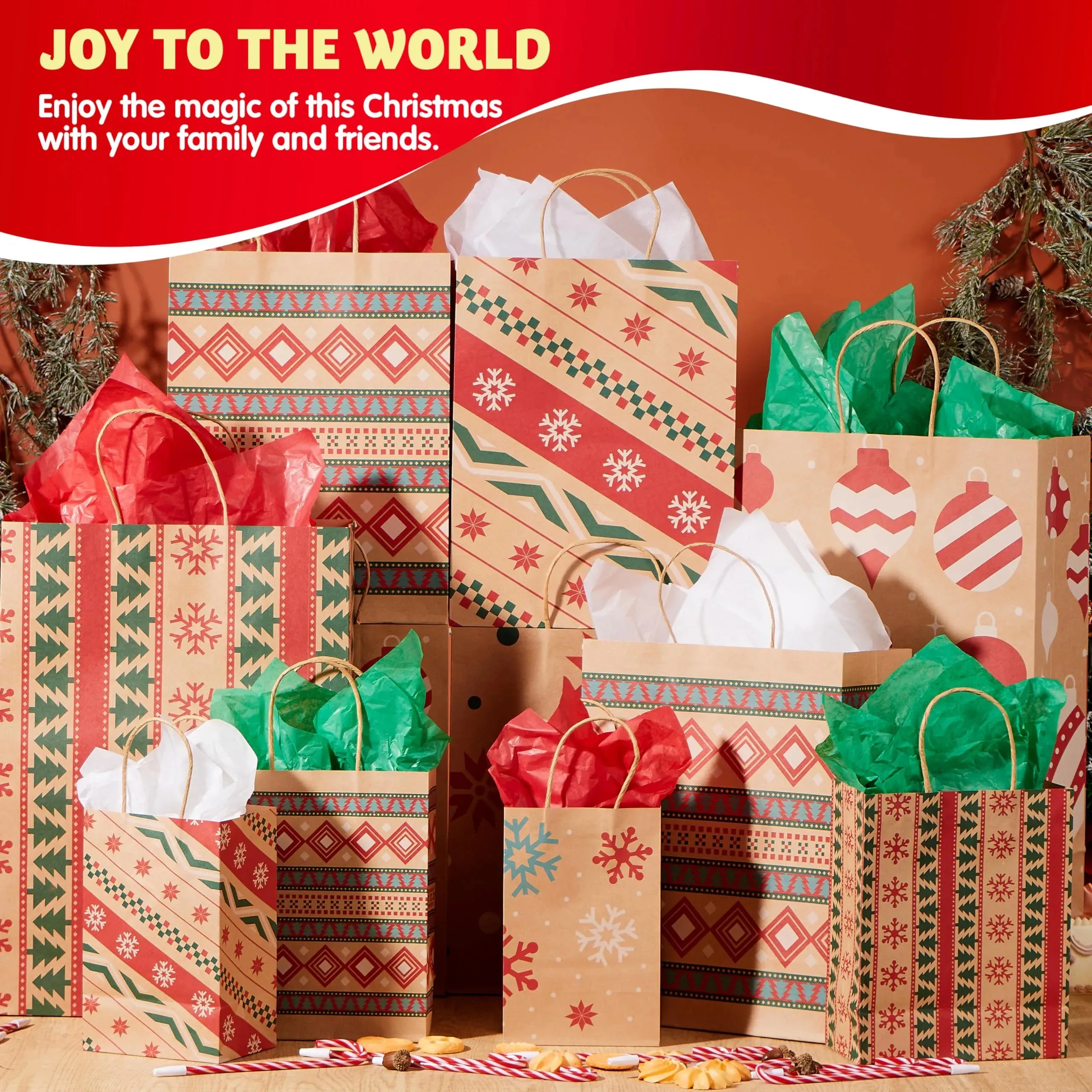 24 PCS Christmas Kraft Gift Bags with Festive Designs