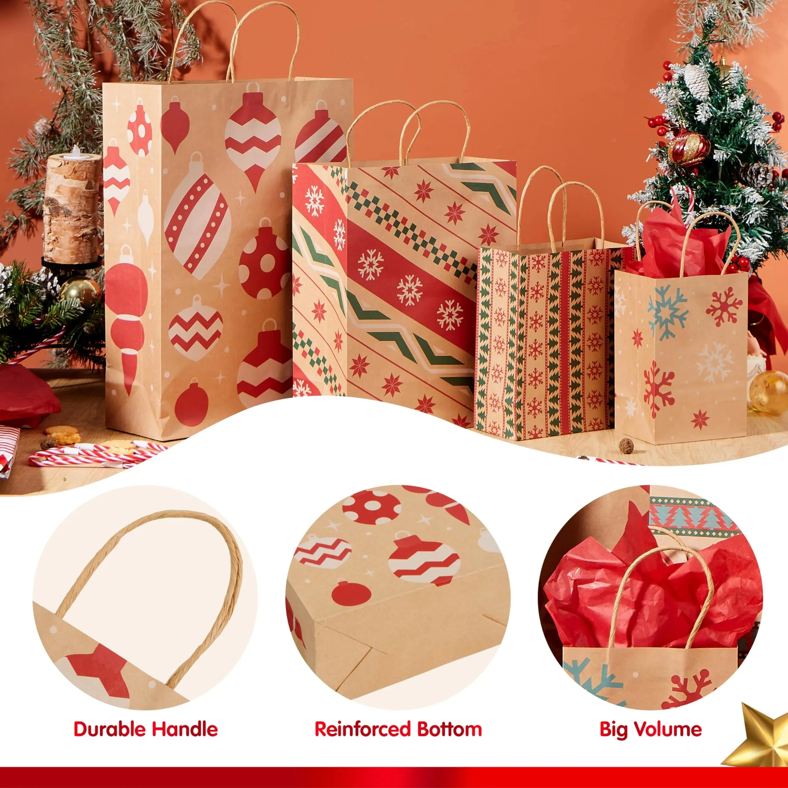 24 PCS Christmas Kraft Gift Bags with Festive Designs