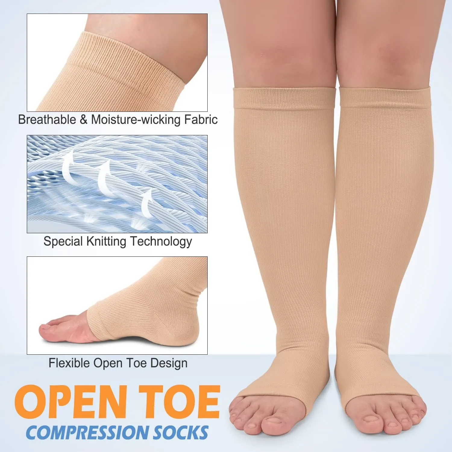 3 Pack Copper Compression Socks for Women & Men, 20-30mmHg Open Toe Knee High Stockings for Circulation Support