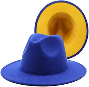 36 Color Double Woolen Felt Hat, European and American Fashion Double-Sided Color Matching Hat, Men and Women Flat Brim Jazz Hat Fengyan Cowboy Hats (Color : Royal Blue Yellow, Size : Large)