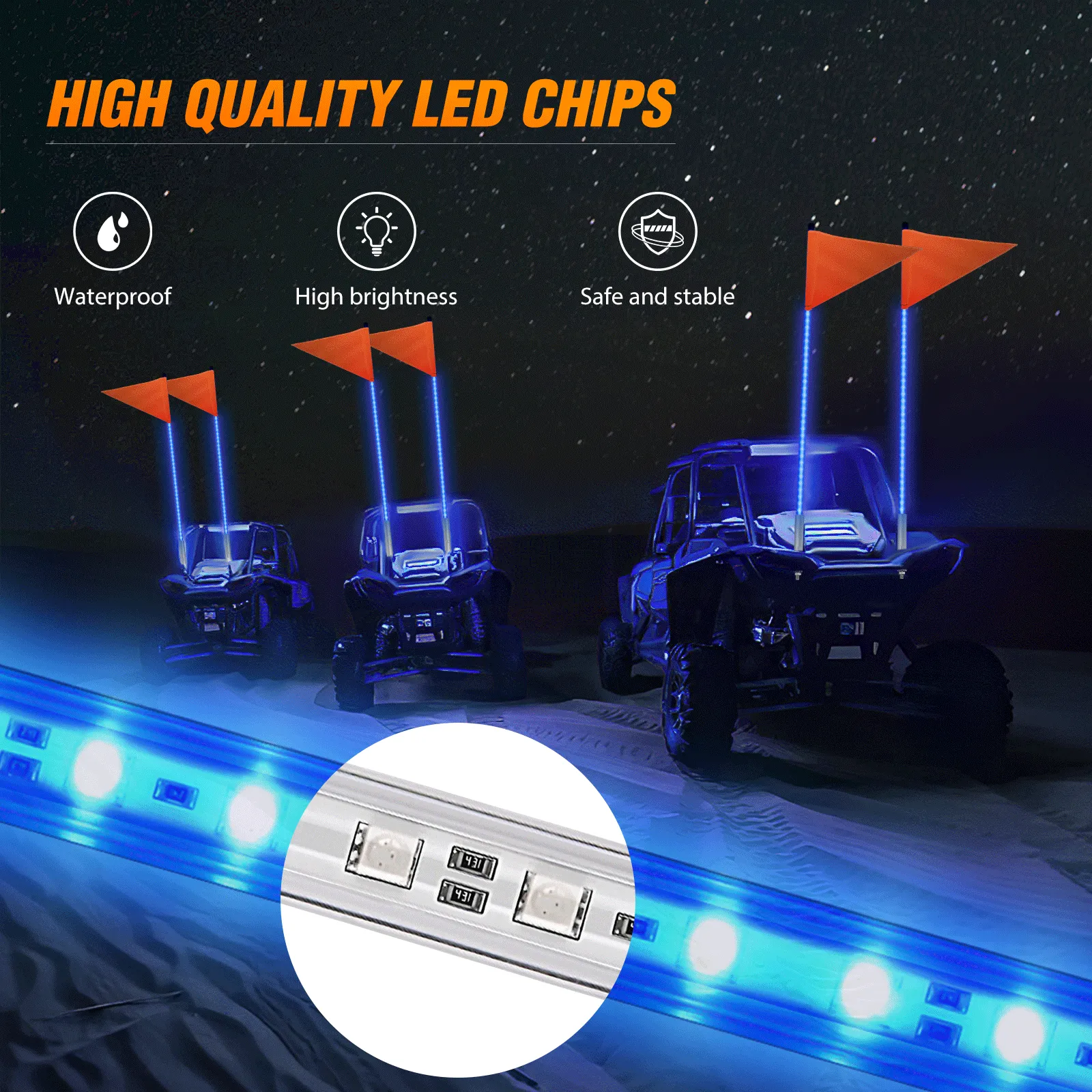3FT LED Blue Whip Light with Aluminum Base Blue Color