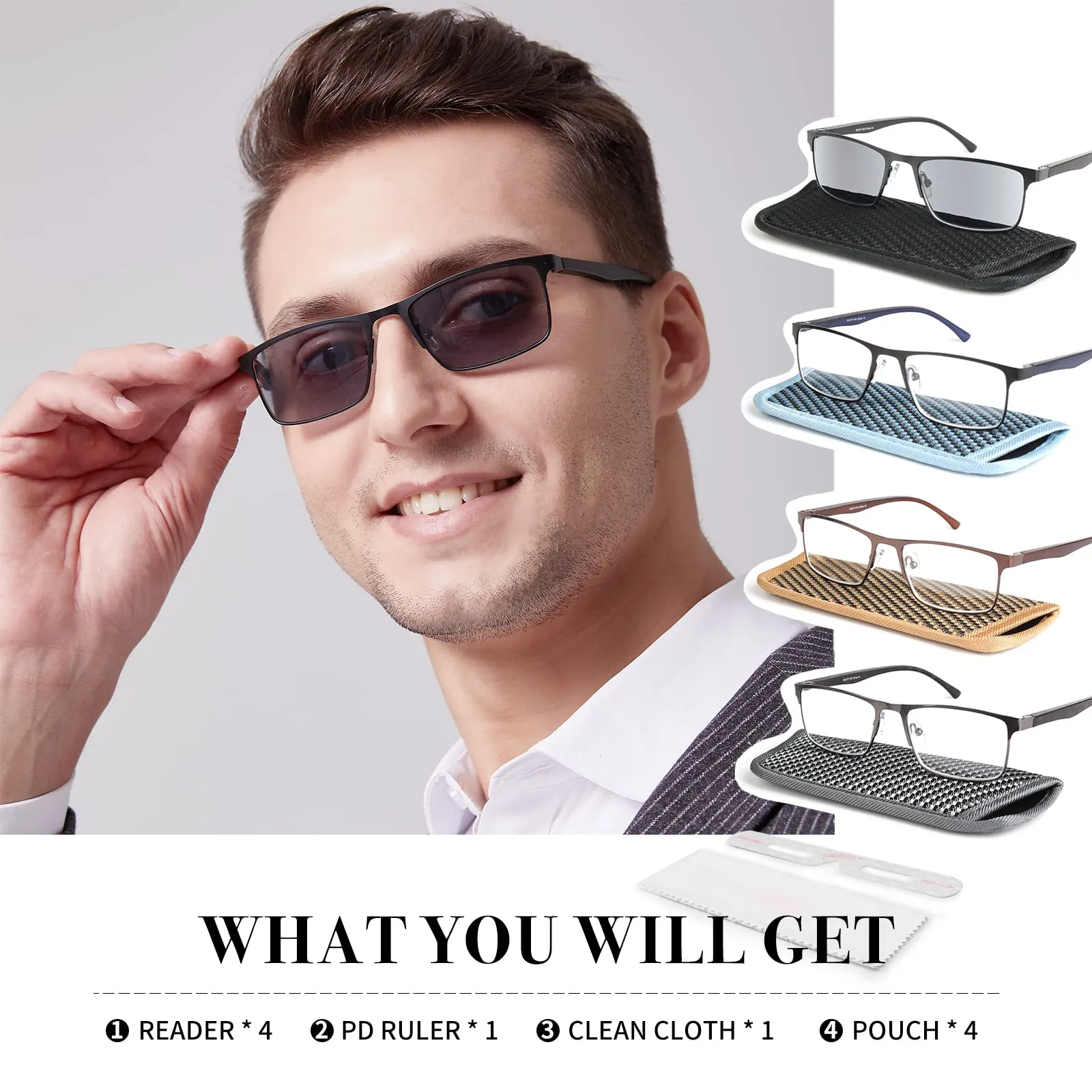 4 Pack Reading Glasses Computer Glasses Men Blue Light Blocking Metal Full Frame Readers for Men Include Sun Readers Anti UV 2.0 Black 2.0 x