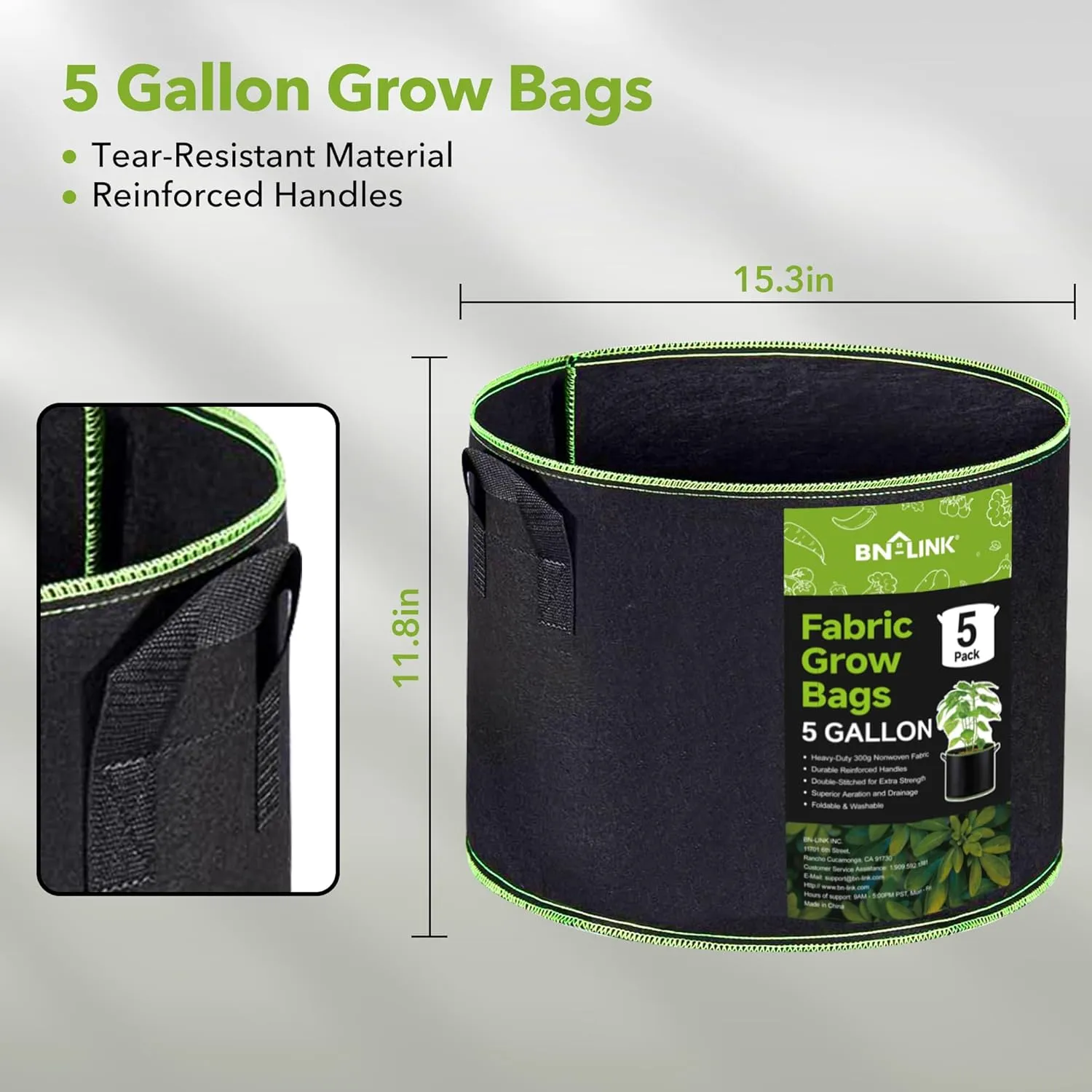 5-Pack 5 Gallon Grow Bags Heavy Duty 300G Thickened Nonwoven Plant Fabric Pots with Handles Bn-link