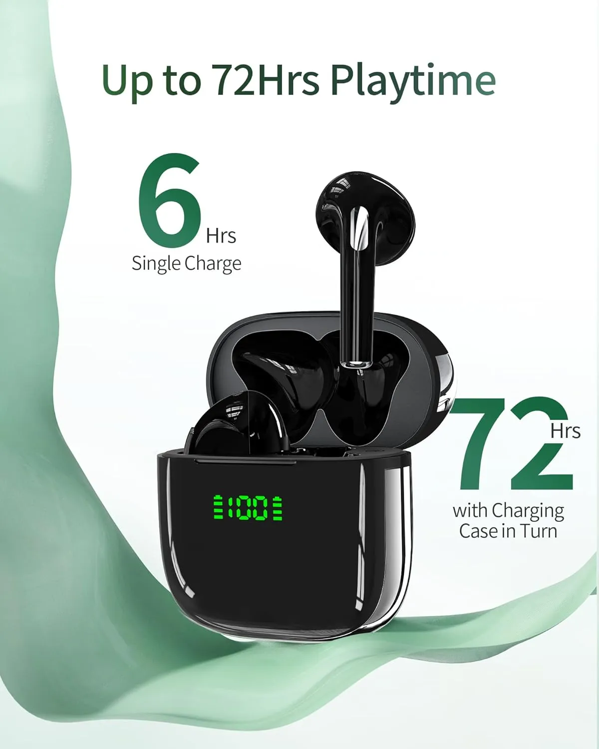 72-Hour Battery, IPX7 Waterproof: Wireless Earbuds with LED Display