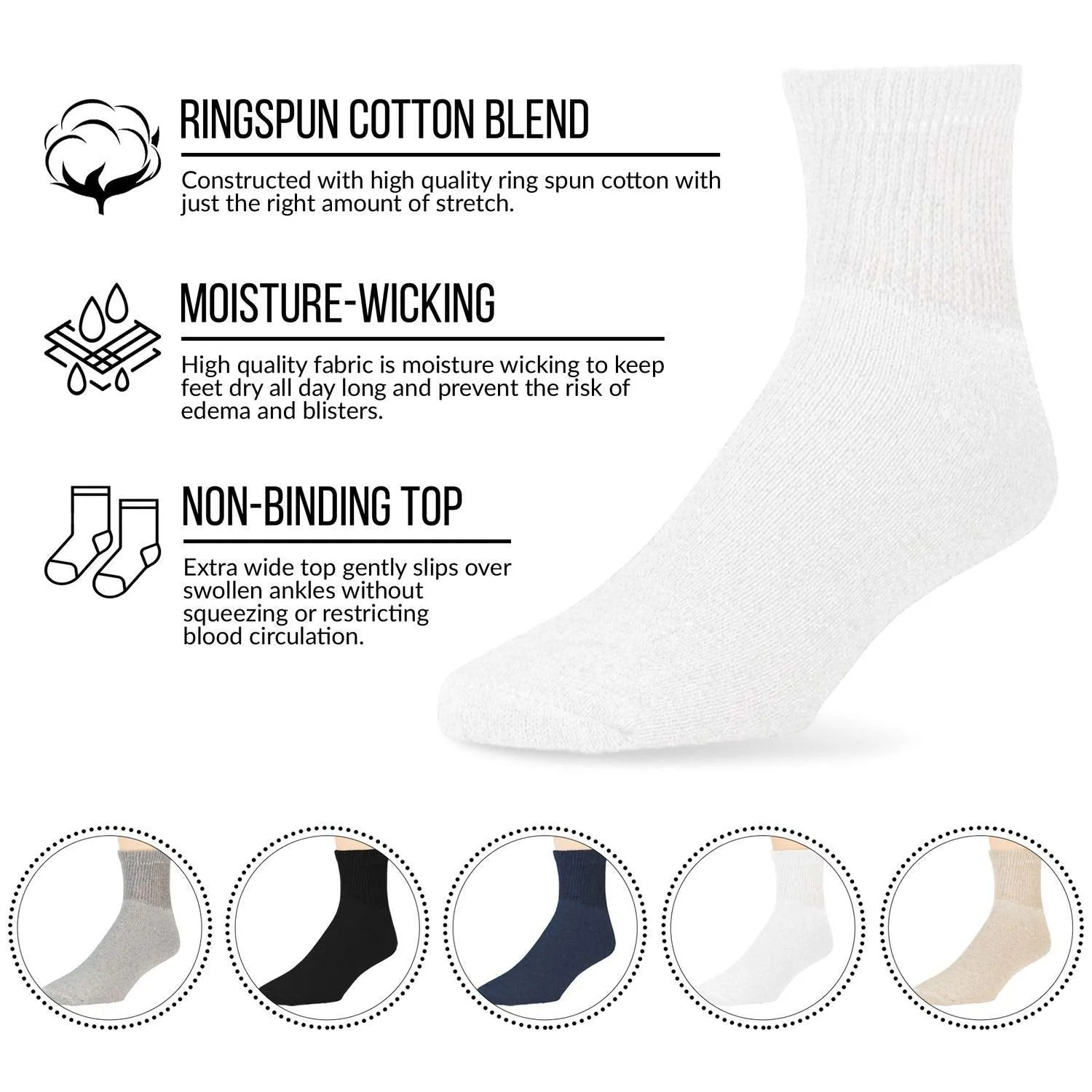 Big and Tall Diabetic Neuropathy Ankle Socks, King Size Mens Athletic Quarter Socks (Size: 13-16) Black 6