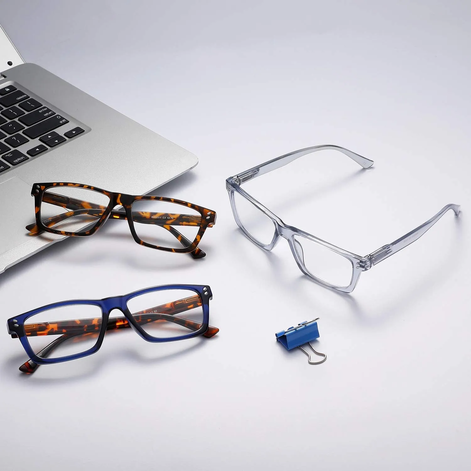 BOSAIL 4 Pack Reading Glasses Blue Light Blocking Large Square Frames with Spring Hinges, Anti Glare UV Eyestrain,Computer Readers for Men Women 1.5  1.50 4 Pack Mix