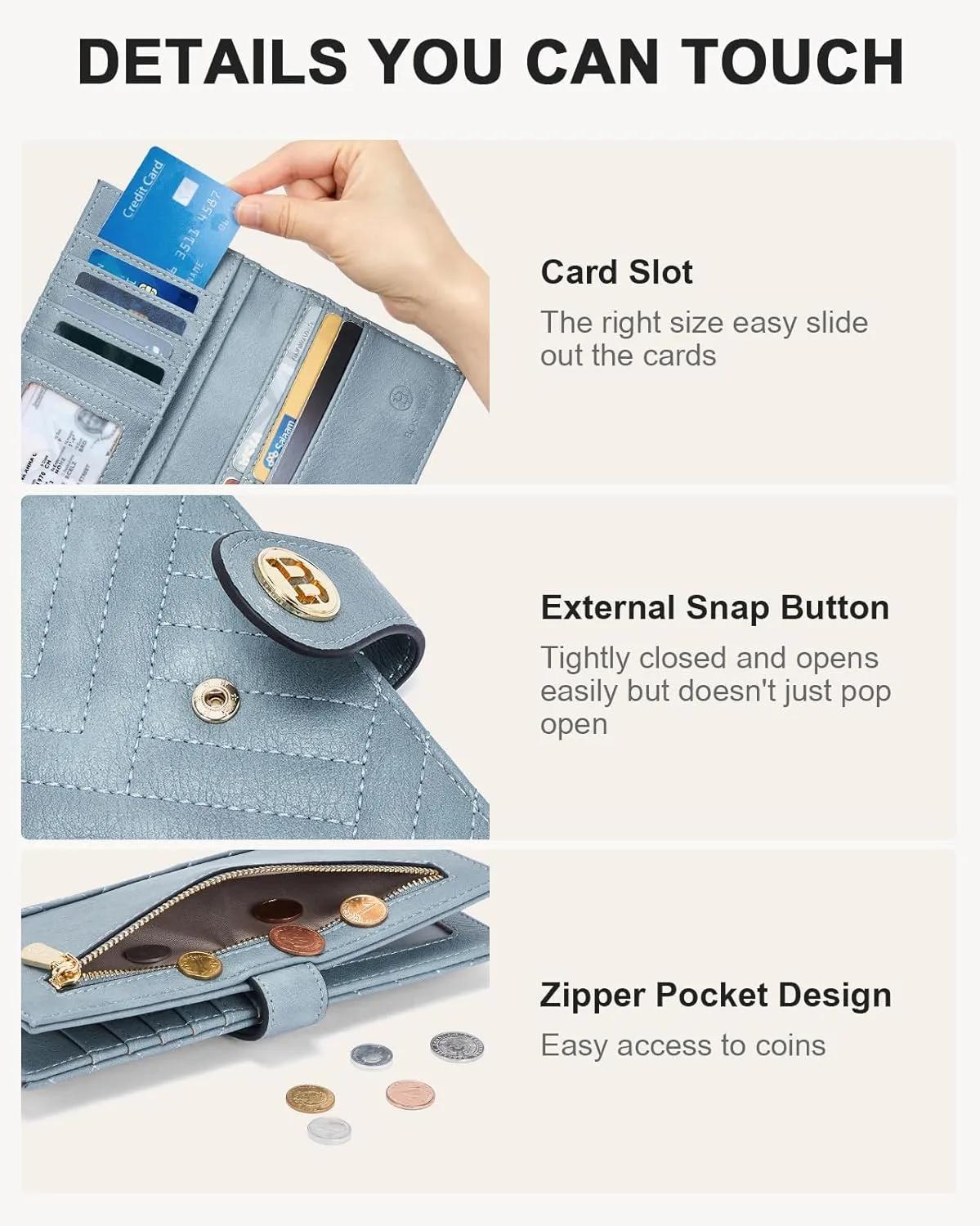 BOSTANTEN Slim Wallet Women Leather RFID Blocking Credit Card Holder Bifold Thin Wallet with Zipper Pocket Light Blue