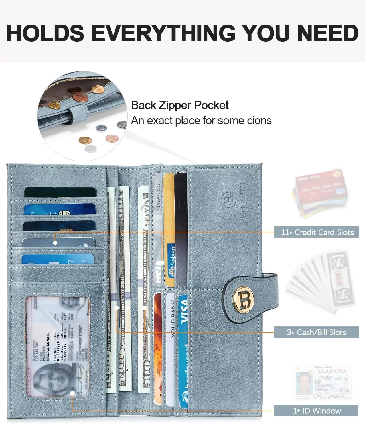BOSTANTEN Slim Wallet Women Leather RFID Blocking Credit Card Holder Bifold Thin Wallet with Zipper Pocket Light Blue