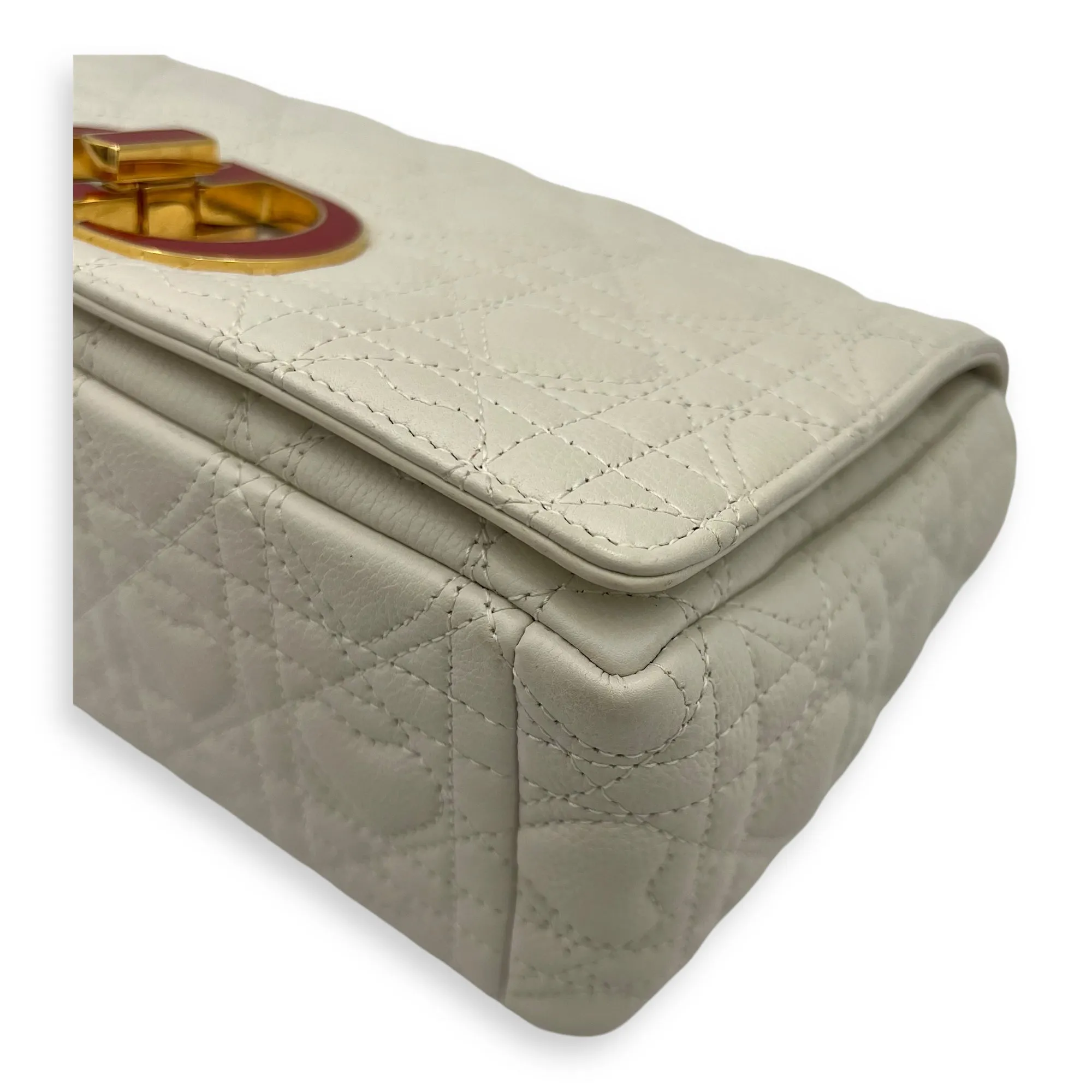 Caro Medium White Crossbody Bag in Calfskin, Gold hardware