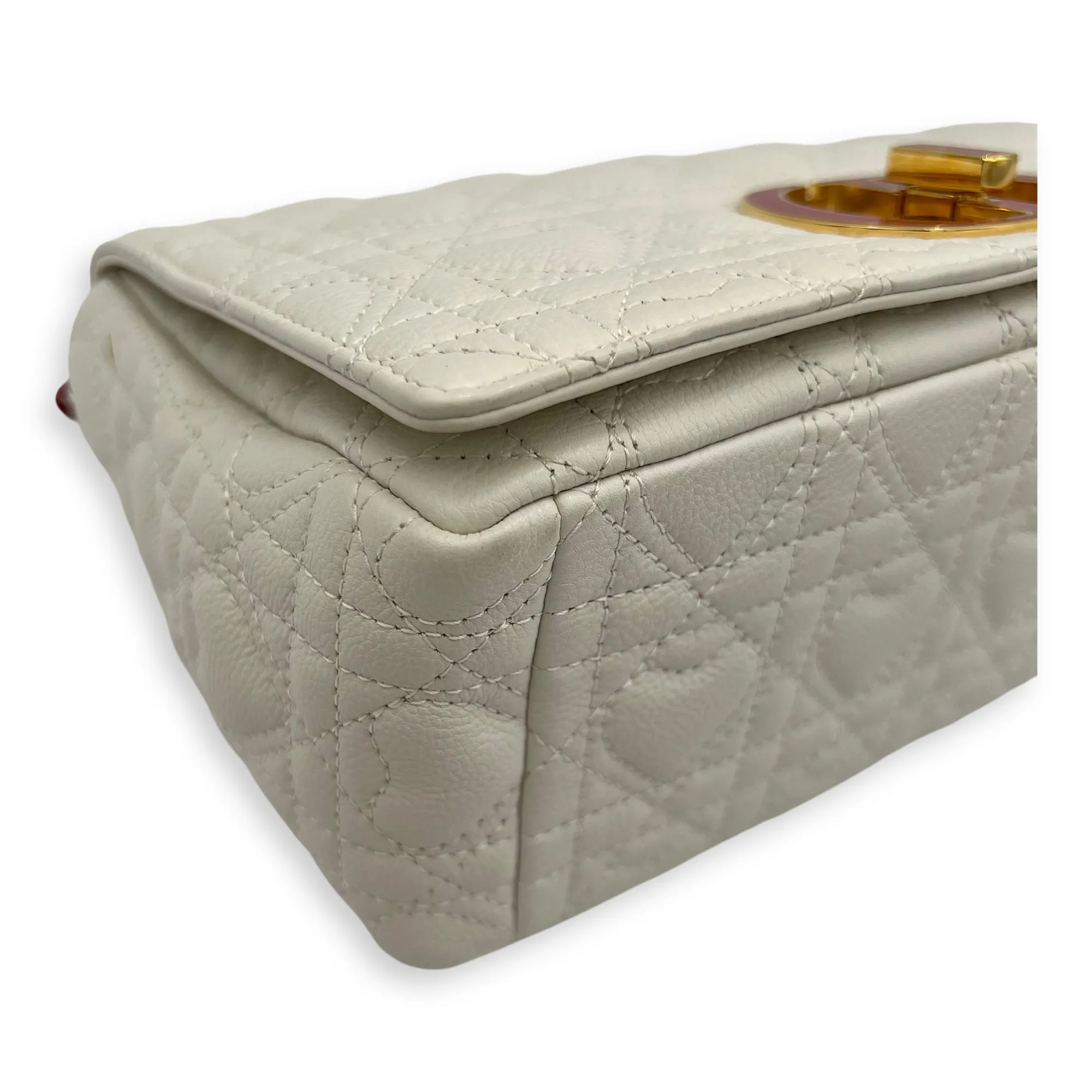 Caro Medium White Crossbody Bag in Calfskin, Gold hardware