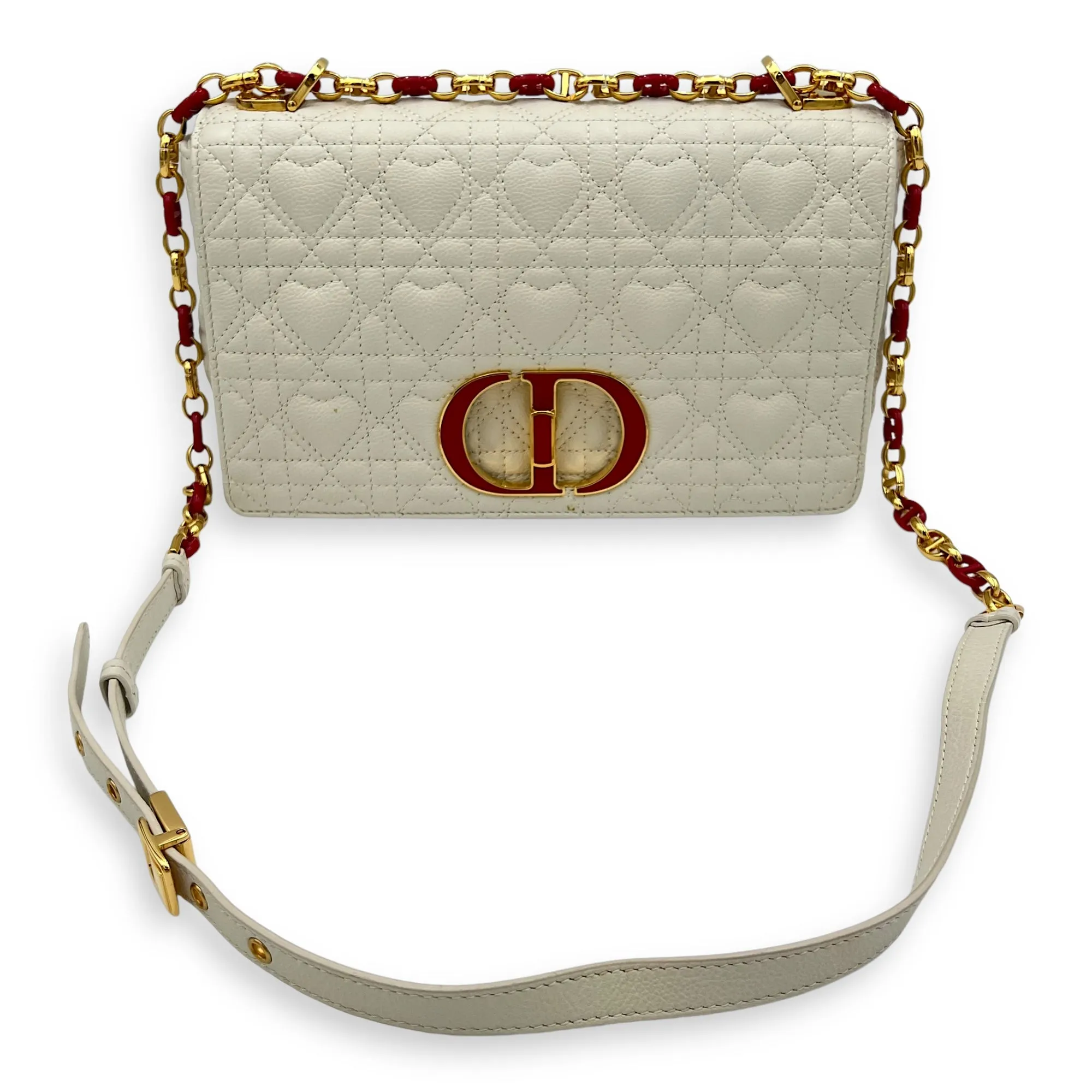 Caro Medium White Crossbody Bag in Calfskin, Gold hardware