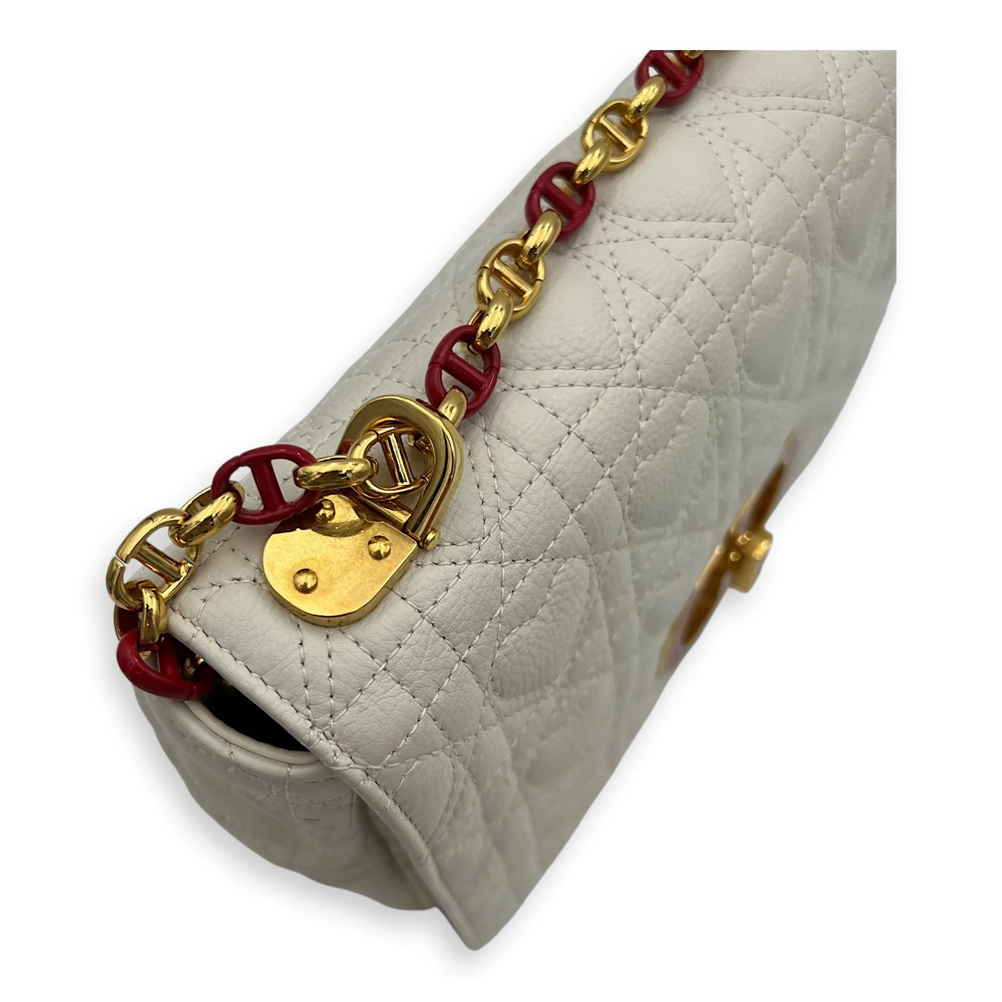 Caro Medium White Crossbody Bag in Calfskin, Gold hardware
