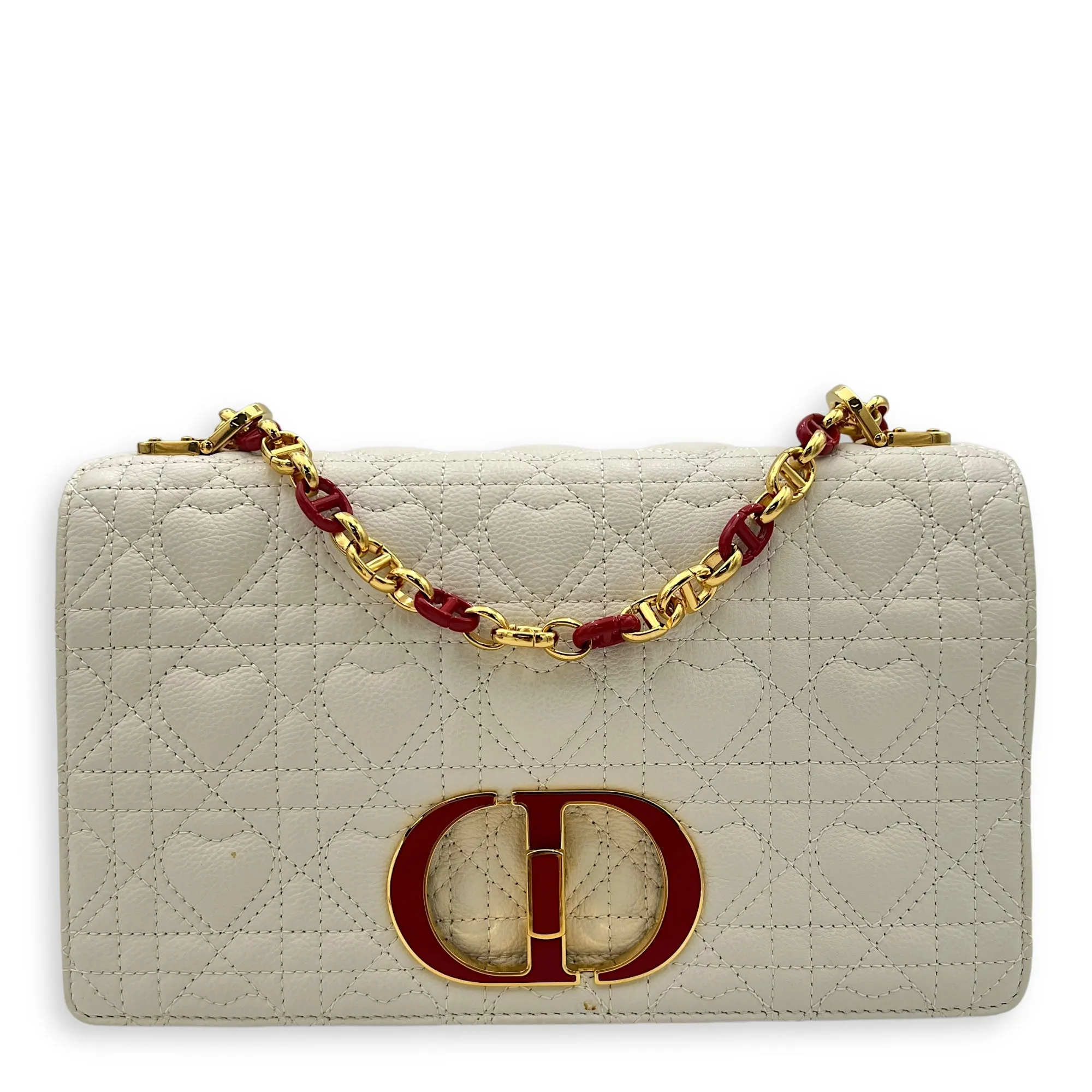 Caro Medium White Crossbody Bag in Calfskin, Gold hardware