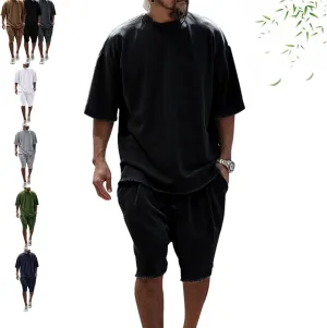 Casual Loose Fit Solid Sports Sets for Men, Summer Short Sleeve Crew Neck T-Shirt Drawstring Jogging Shorts Sets