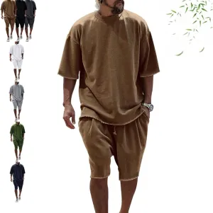 Casual Loose Fit Solid Sports Sets for Men, Summer Short Sleeve Crew Neck T-Shirt Drawstring Jogging Shorts Sets