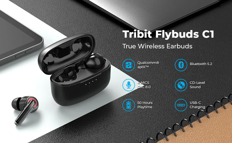 [CLEARANCE] Tribit FlyBuds C1 Bluetooth 5.2 True Wireless Earbuds with 50h Playtime and up to 90% Noise Cancellation feature with 4 built-in Mics