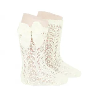 Cotton open work Knee high socks with bow Ivory(303)