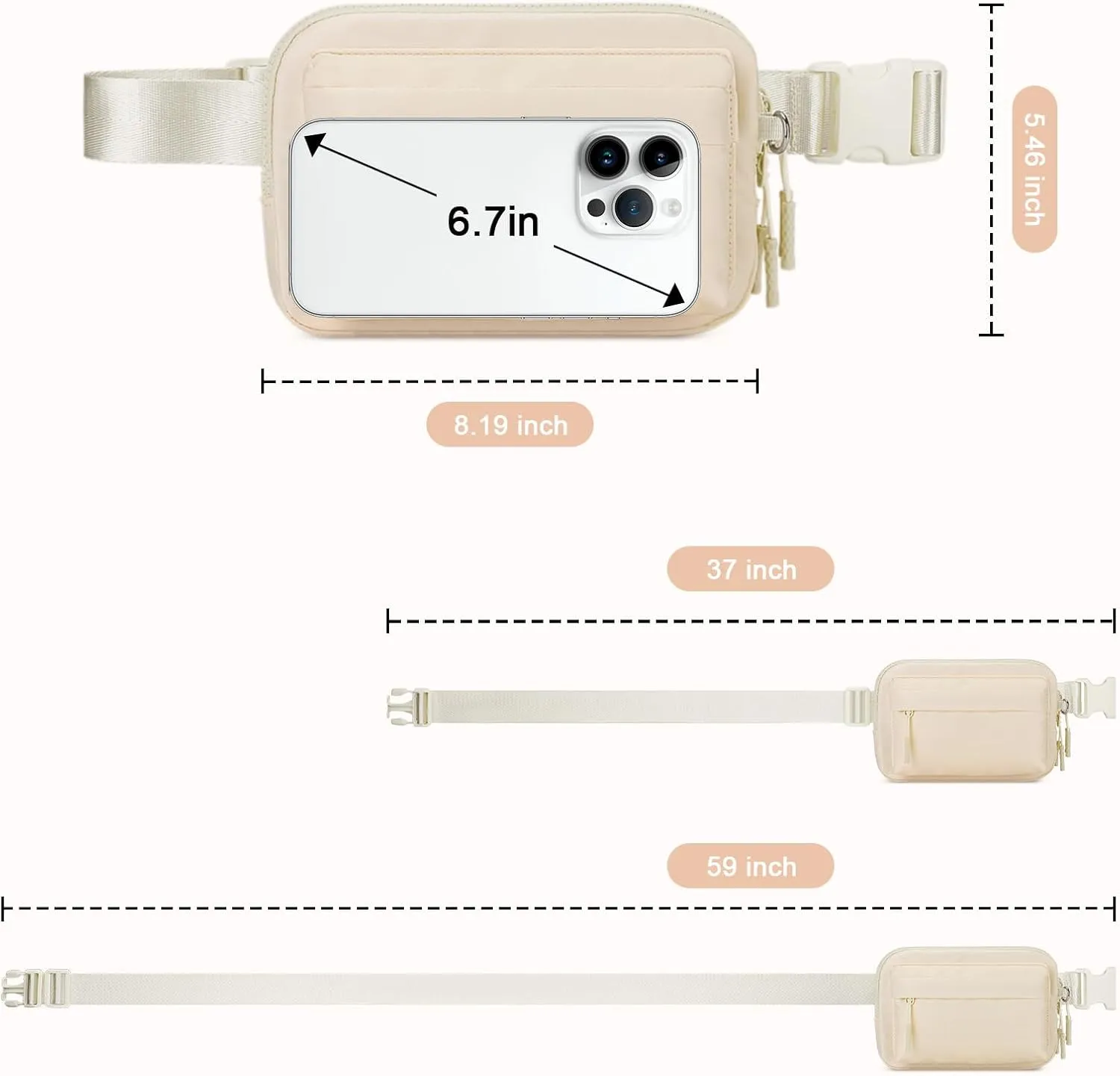 Fanny Packs for Women Men,Belt Bag with 4 Zipper Pockets,Waterproof Crossbody Bag,Fashion Waist Packs with Adjustable Long Strap for Workout/Running/Yoga/Shopping/Hiking,Beige