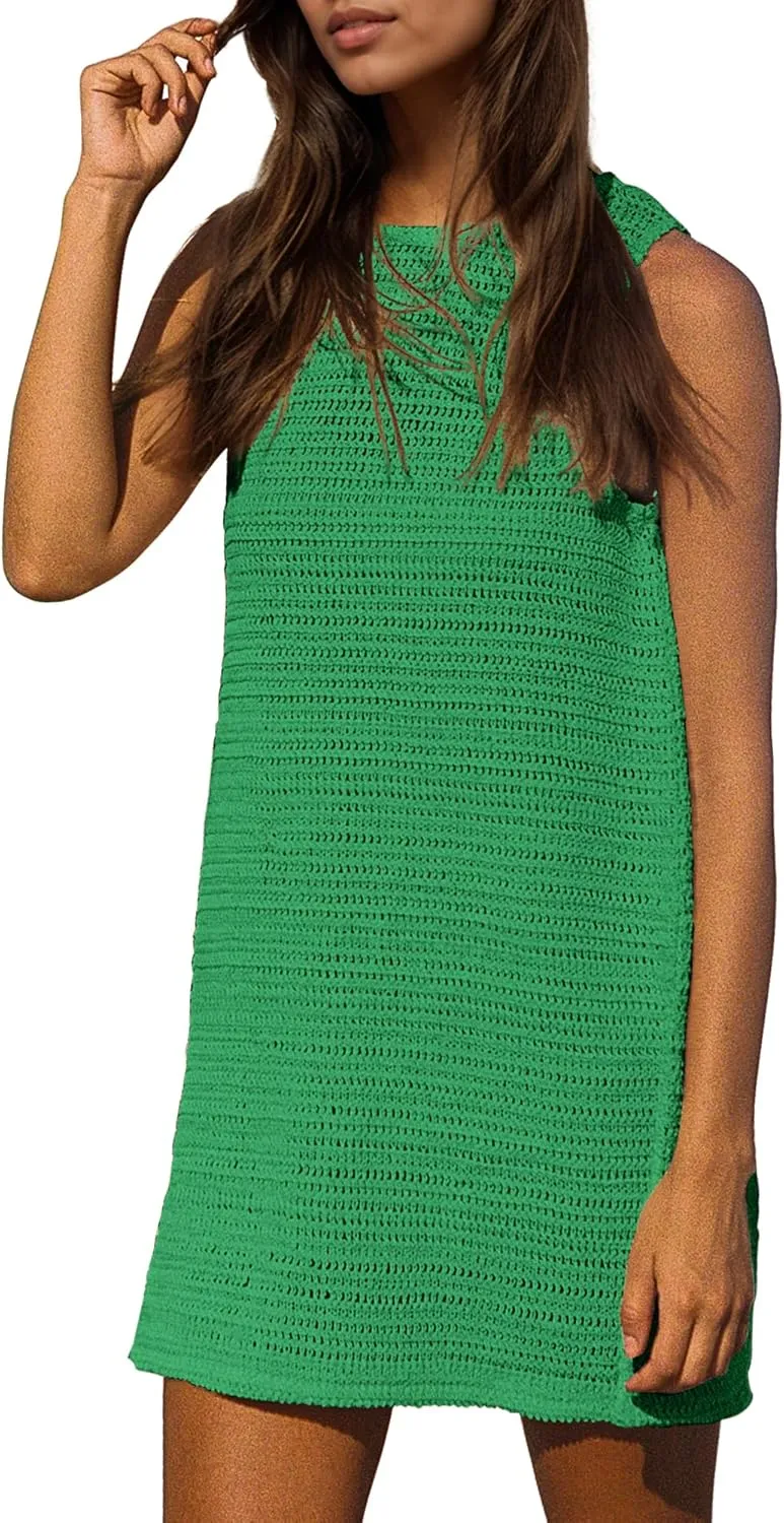 Gacaky Women's Summer Mini Dress Swimsuit Crochet Swim Cover Up Bathing Suit Swimwear Mesh Knit Beach Mini Dress