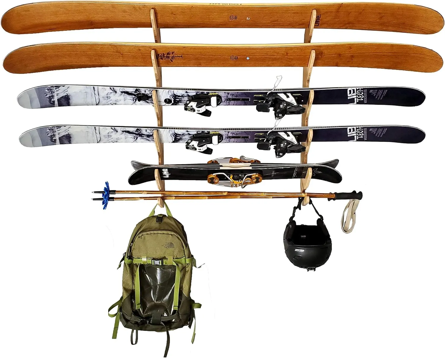 Grassracks Bamboo Ski Rack - Indoor Horizontal Ski Wall Mount Hallsteiner Series - Masterfully-Crafted Premium Indoor Ski Display Wall Hanger (4 or 5 Pairs of Skis, Bamboo)