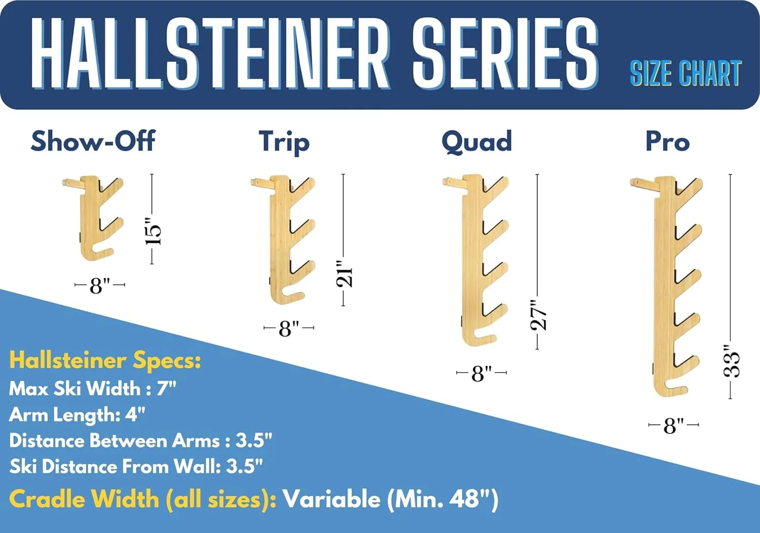 Grassracks Bamboo Ski Rack - Indoor Horizontal Ski Wall Mount Hallsteiner Series - Masterfully-Crafted Premium Indoor Ski Display Wall Hanger (4 or 5 Pairs of Skis, Bamboo)