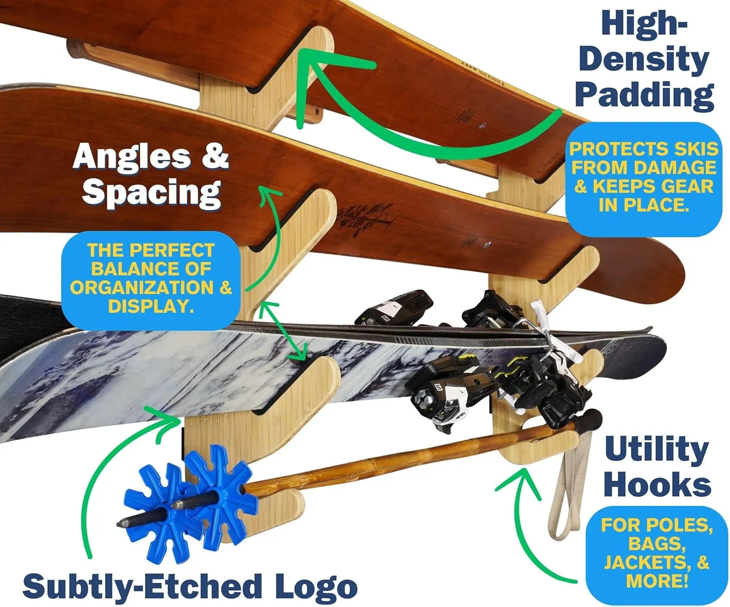 Grassracks Birch Wood Ski Rack - The Hallsteiner Series Indoor Horizontal Ski Wall Rack(1 or 2 Pairs of Skis, Birch)