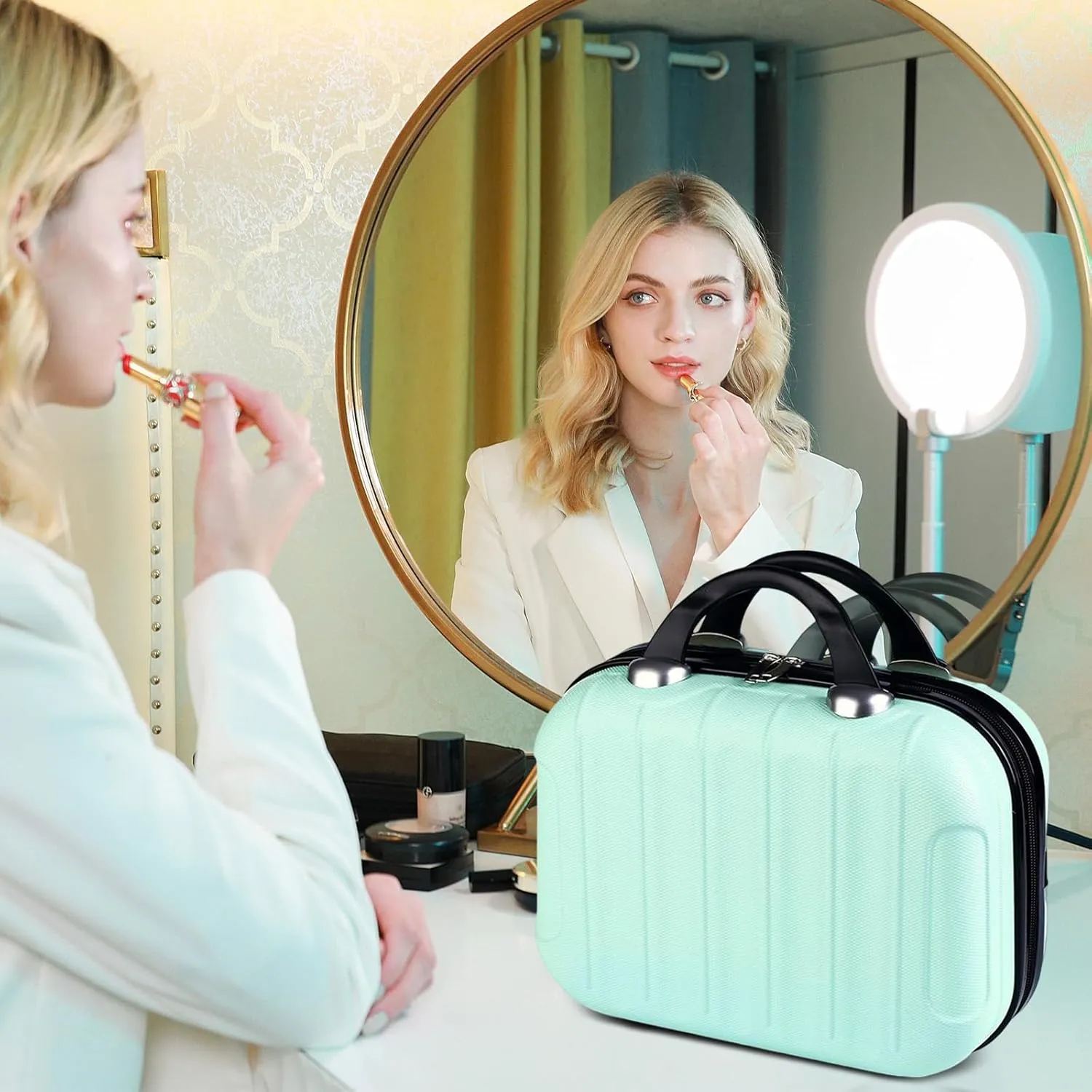 Hard Shell Vanity Cases with Elastic Band and Zipper, Portable Waterproof ABS Beauty Case, Cosmetic Case for Women Girl