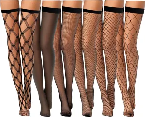Janmercy 6 Pairs Women Fishnet Thigh High Stocking Elastic Band Top Sheer over Knee Silky Stockings for Women