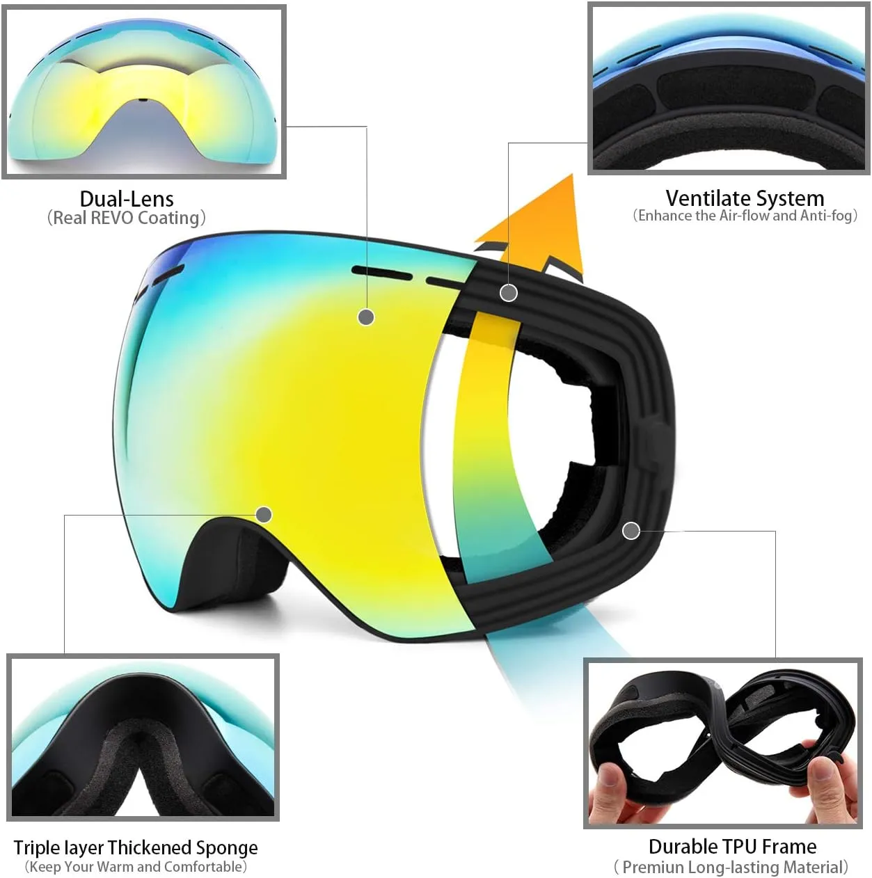 Juli Kids Ski Goggles,Interchangeable Double Layer Spherical Lens,OTG Anti-Fog Snowboard Skate Snow Goggles Age 4-16 4300