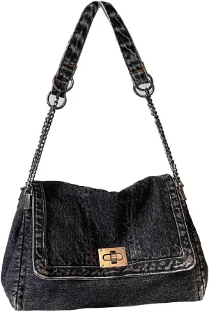 KlaOYer Denim Shoulder Bag for Women Jean Tote Bag Adjustable Chain Strap Crossbody Bags Y2k Trendy Hobo Purse Handbag