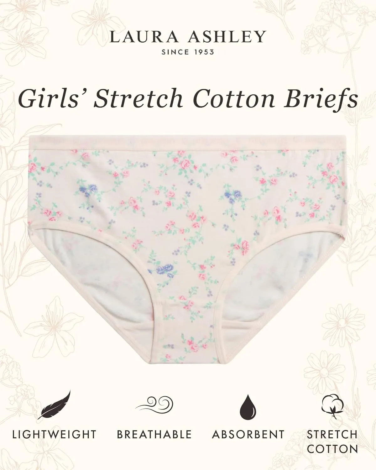 Laura Ashley Girls Underwear Briefs - 10 Pack Soft Comfort Stretch Breathable Cotton Underwear Panties for Girls (Sizes:4-12)