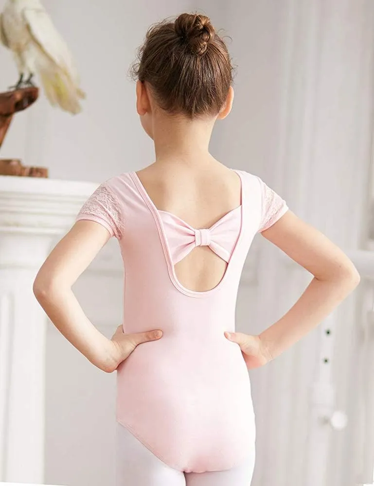 MdnMd Girls Ballet Dance Neck Lace Leotard for Toddler Gymnastic with Bow Back Cap Sleeve
