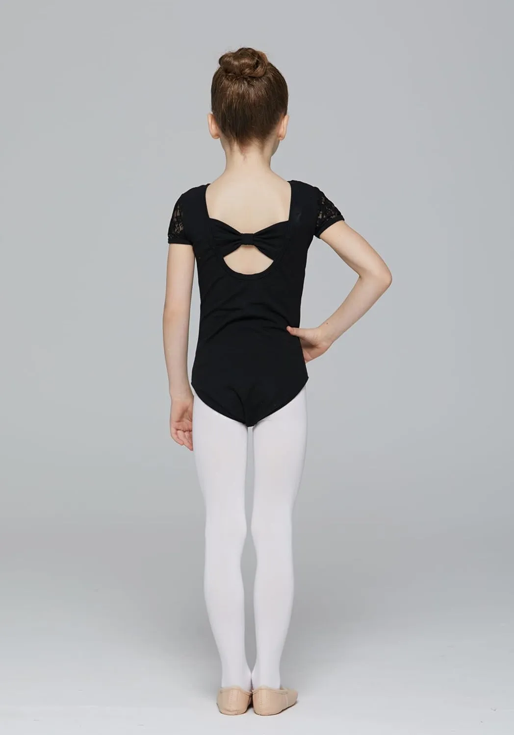MdnMd Girls Ballet Dance Neck Lace Leotard for Toddler Gymnastic with Bow Back Cap Sleeve