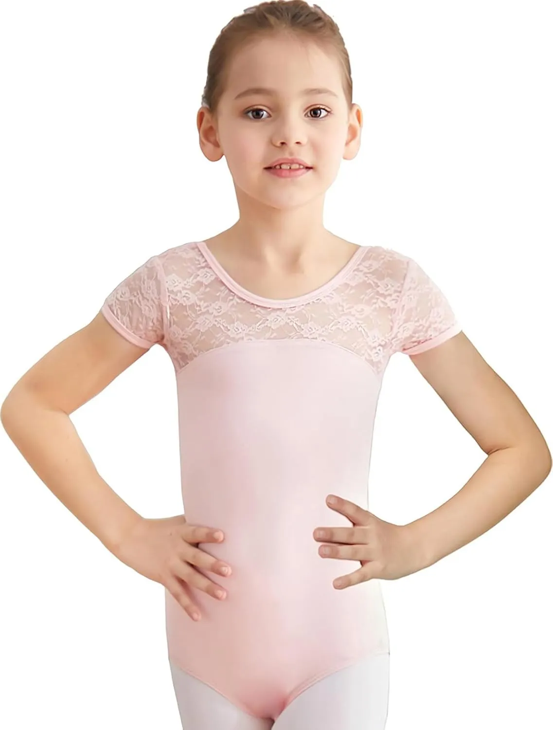 MdnMd Girls Ballet Dance Neck Lace Leotard for Toddler Gymnastic with Bow Back Cap Sleeve