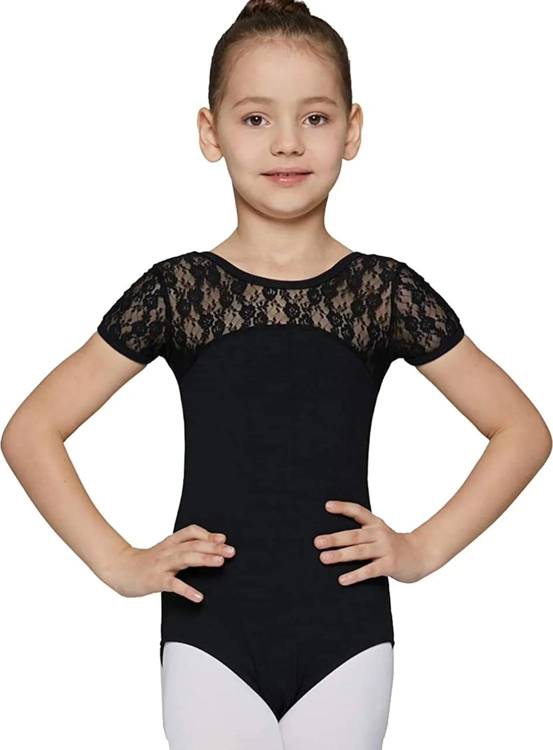 MdnMd Girls Ballet Dance Neck Lace Leotard for Toddler Gymnastic with Bow Back Cap Sleeve
