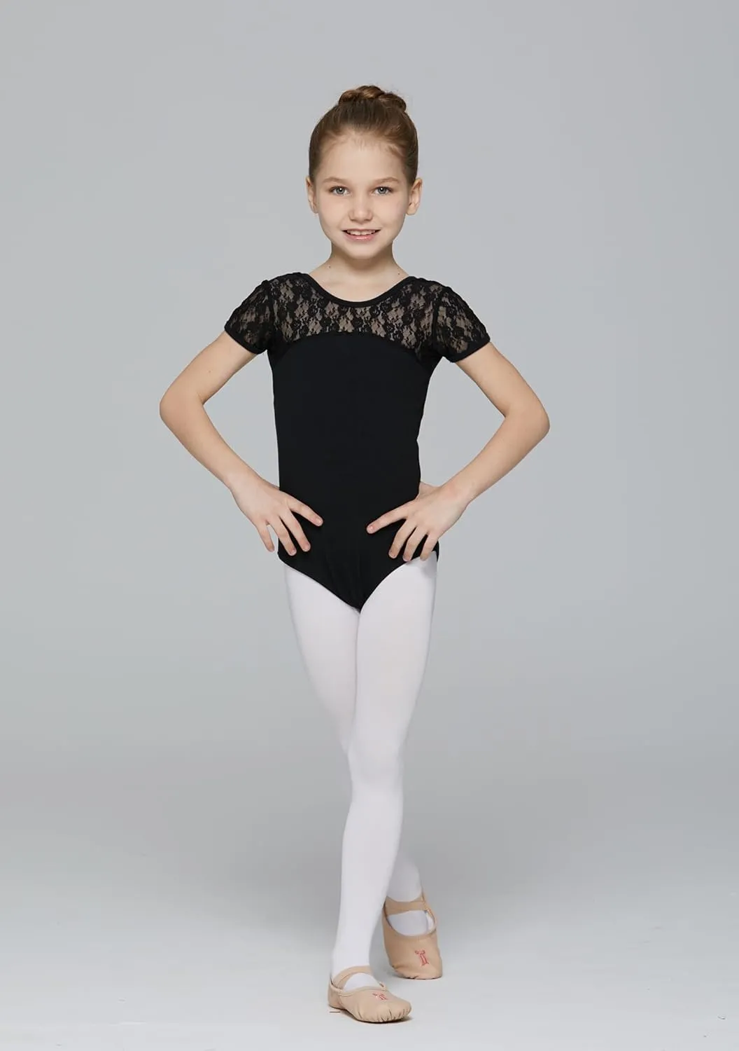 MdnMd Girls Ballet Dance Neck Lace Leotard for Toddler Gymnastic with Bow Back Cap Sleeve