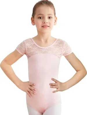MdnMd Girls Ballet Dance Neck Lace Leotard for Toddler Gymnastic with Bow Back Cap Sleeve