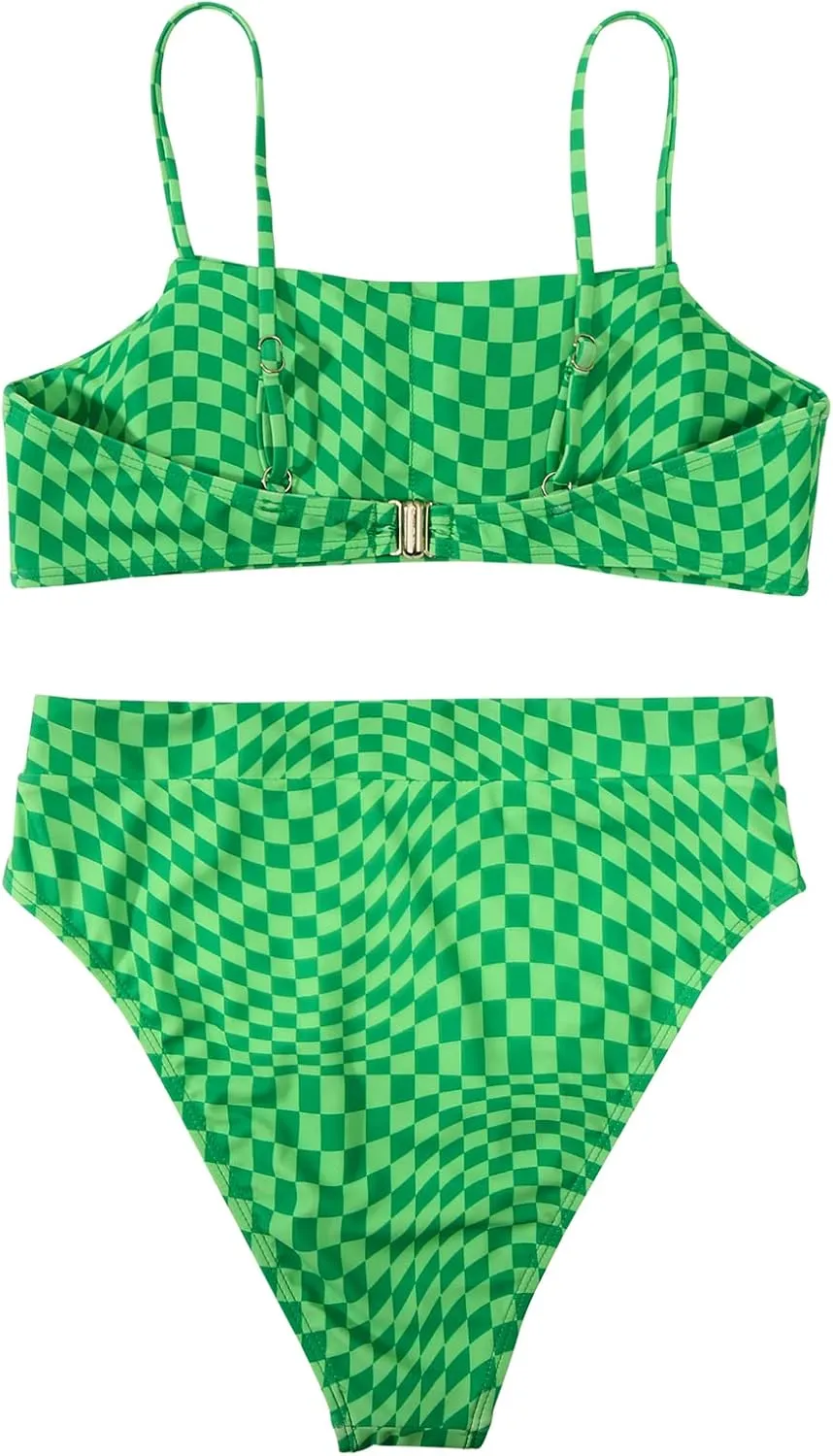 MOSHENGQI Women High Wasited Bikini Shoulder Strap 2 Piece High Cut String Swimsuits