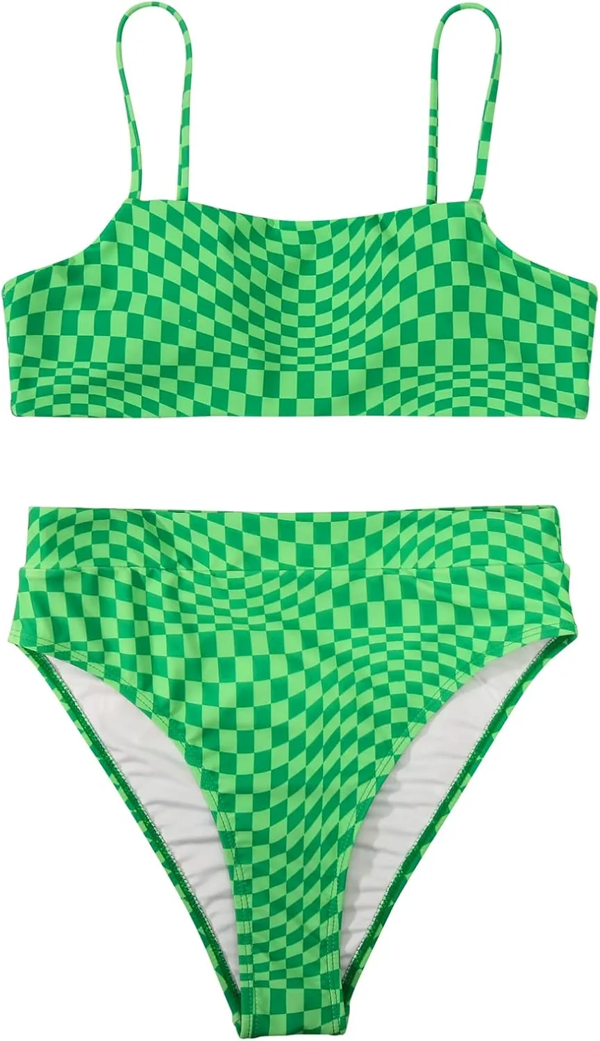 MOSHENGQI Women High Wasited Bikini Shoulder Strap 2 Piece High Cut String Swimsuits