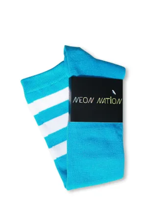 Neon Blue with White Stripes Knee High Sock