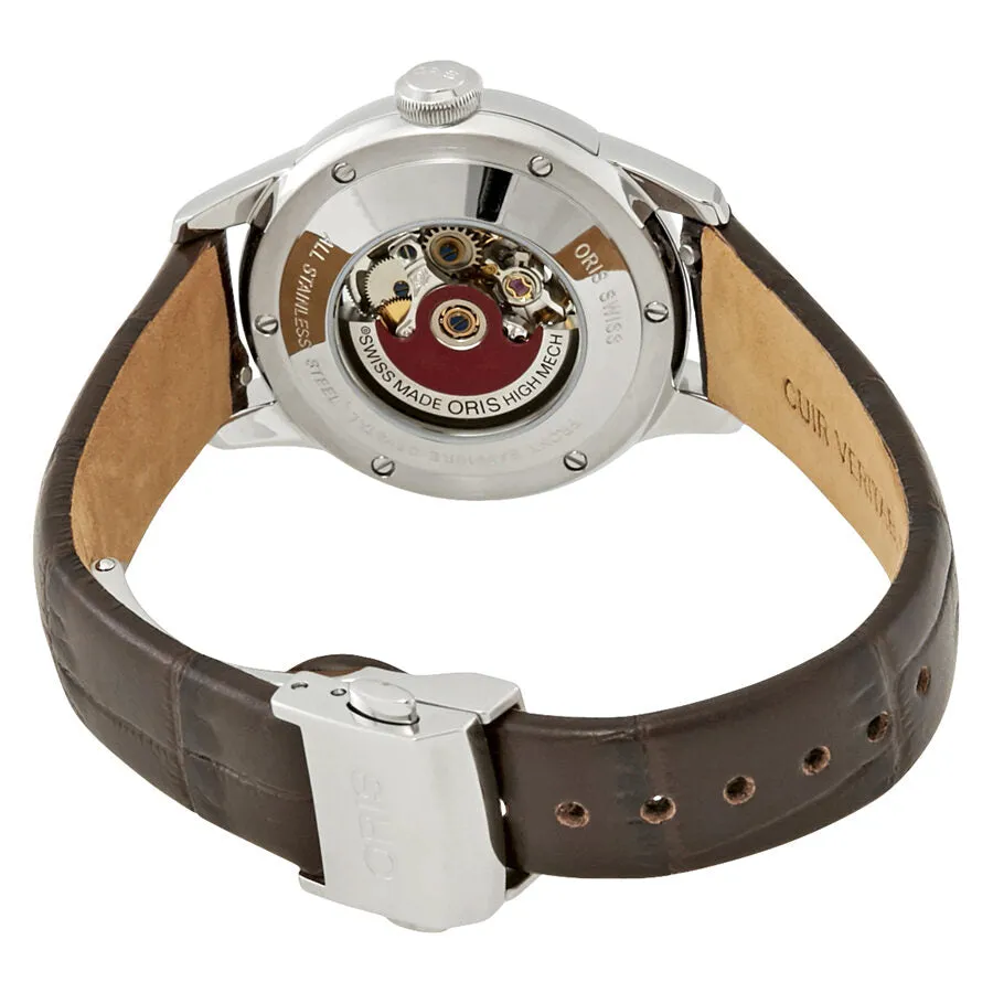 Oris Artelier Silver Skeleton Dial Automatic Ladies Dark Brown Leather Watch 01 560 7687 4351-07 5 14 70FC