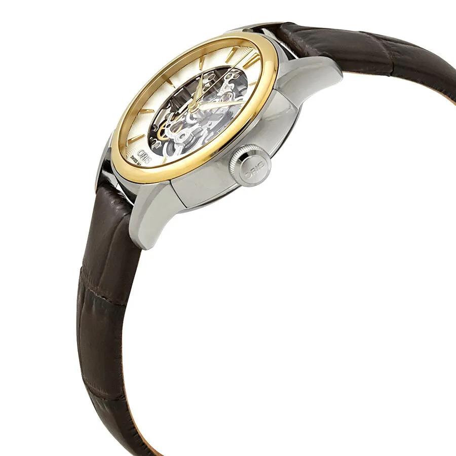 Oris Artelier Silver Skeleton Dial Automatic Ladies Dark Brown Leather Watch 01 560 7687 4351-07 5 14 70FC