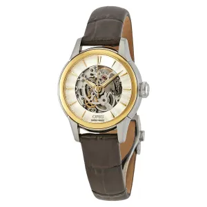 Oris Artelier Silver Skeleton Dial Automatic Ladies Dark Brown Leather Watch 01 560 7687 4351-07 5 14 70FC