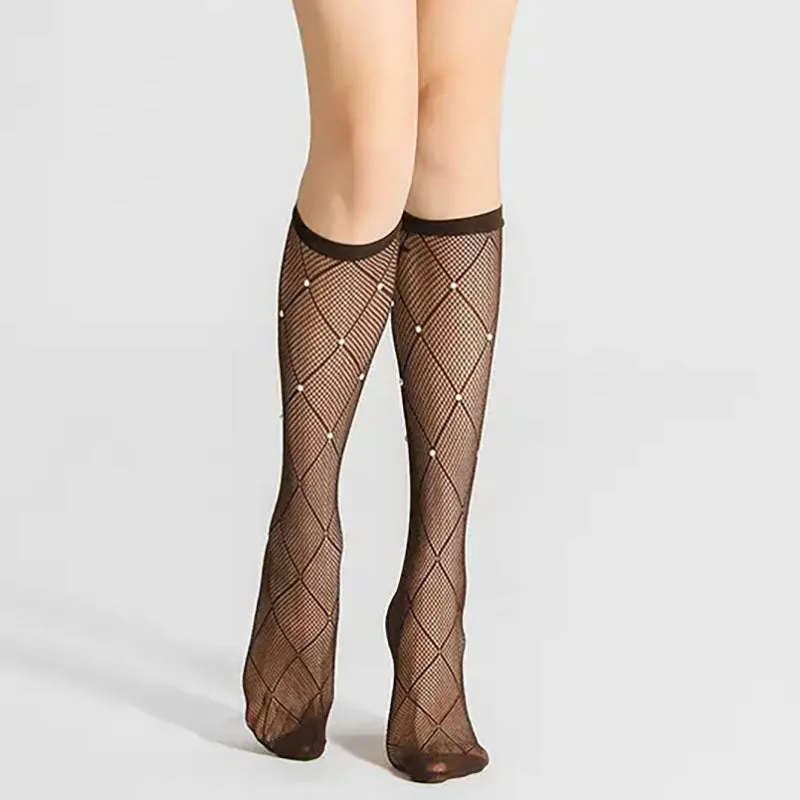 Pearl Stud Criss Cross Pattern knee Highs
