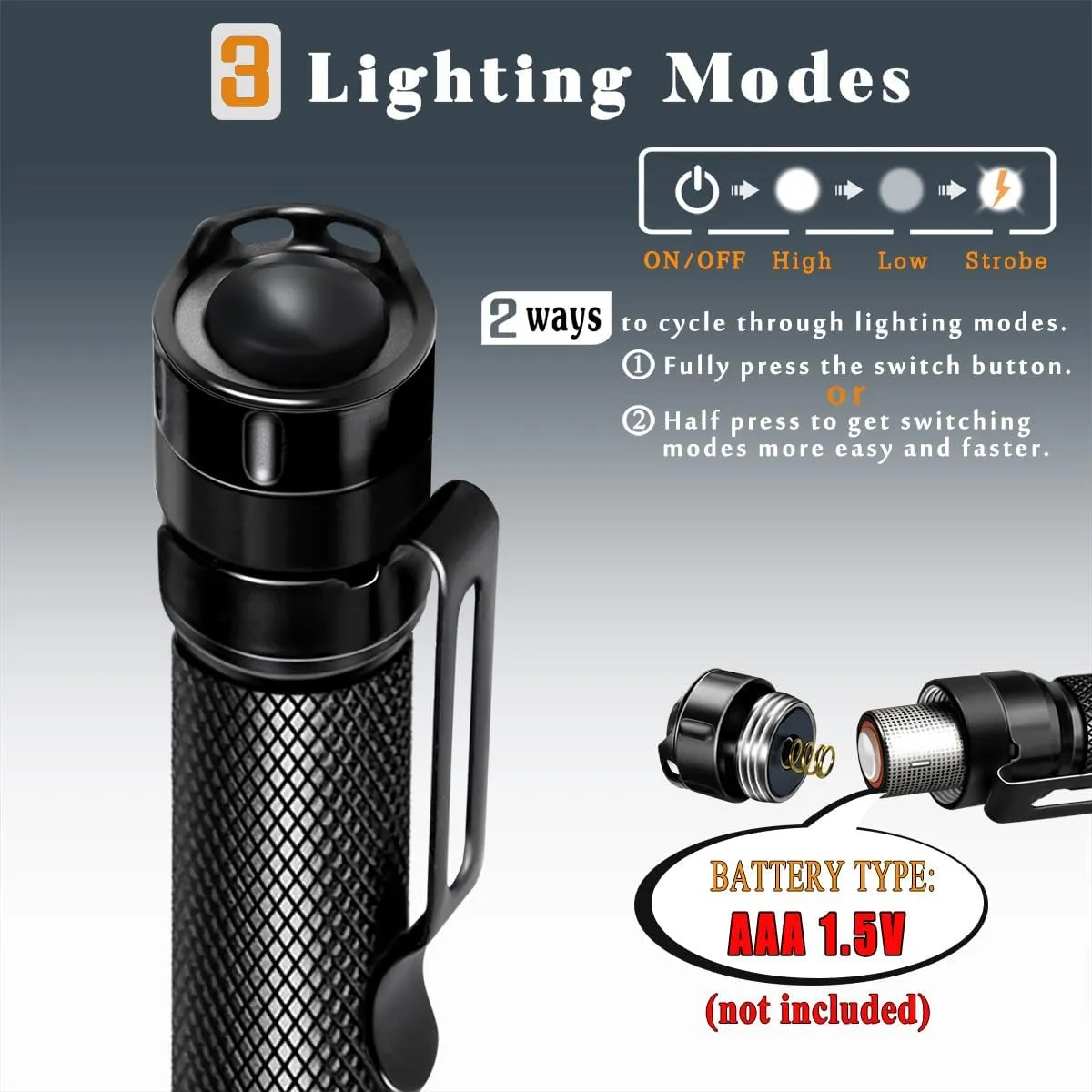 Pen Light Flashlight 3 Modes Mini Small Flashlights Tactical LED Powerful High Lumens with Clip,Slim Portable Pocket Compact Torch for Emergency Inspection AAA Battery Water-Resistant